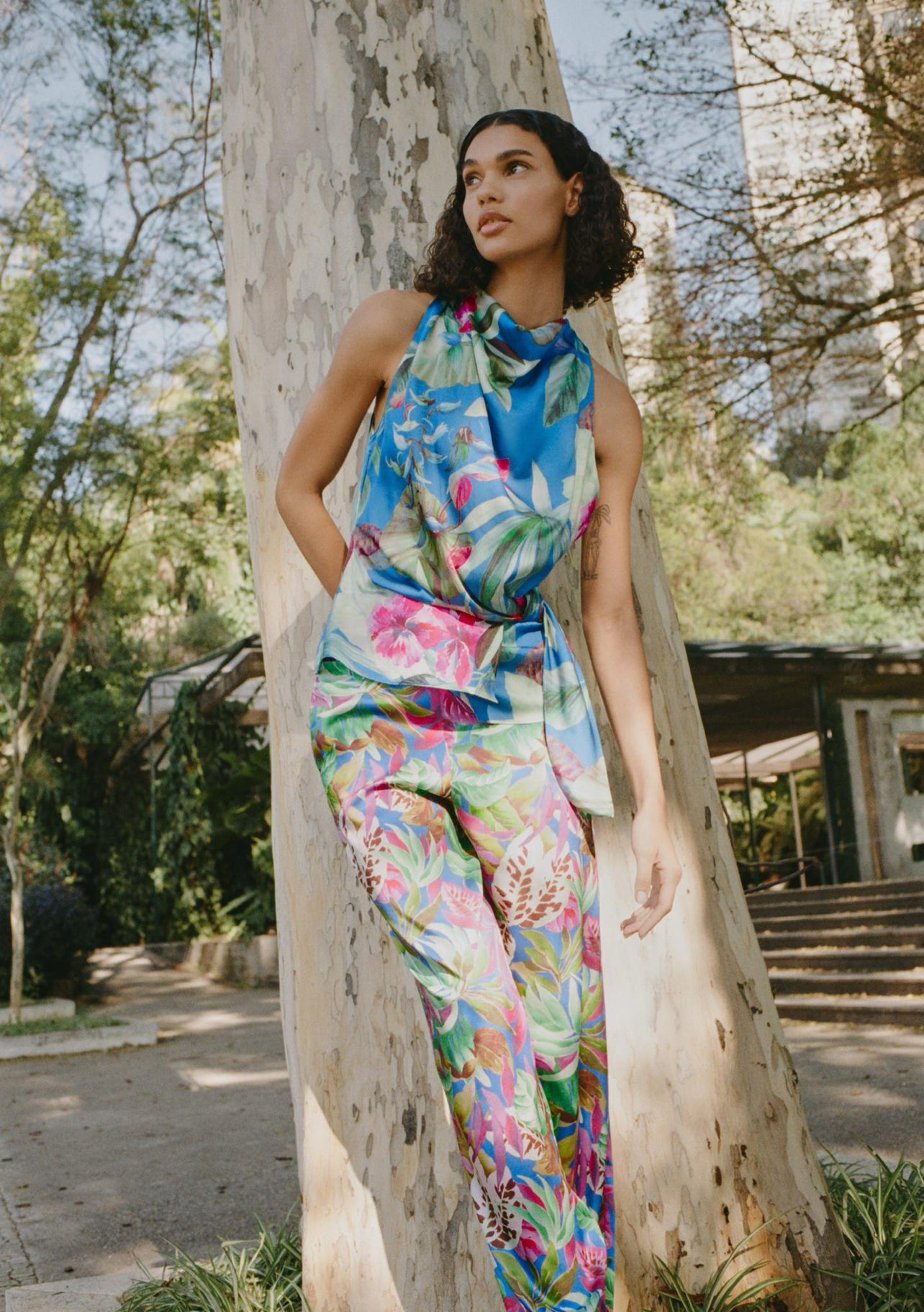 ZARA Satin Effect Tropical Print Pants