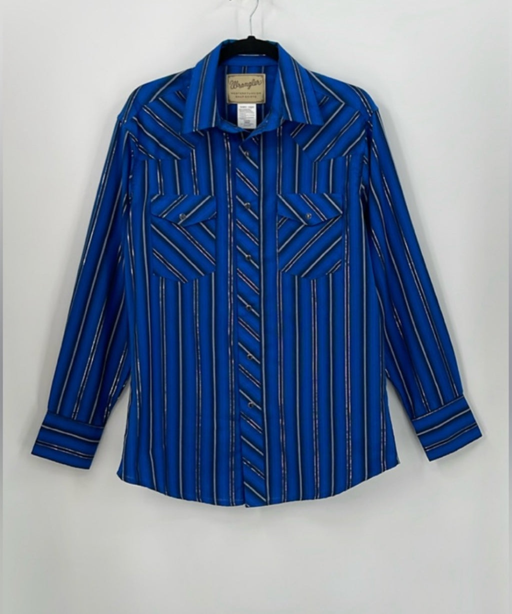 WRANGLER Pearl Snap Blue Metallic Silver
Rodeo Western Shirt