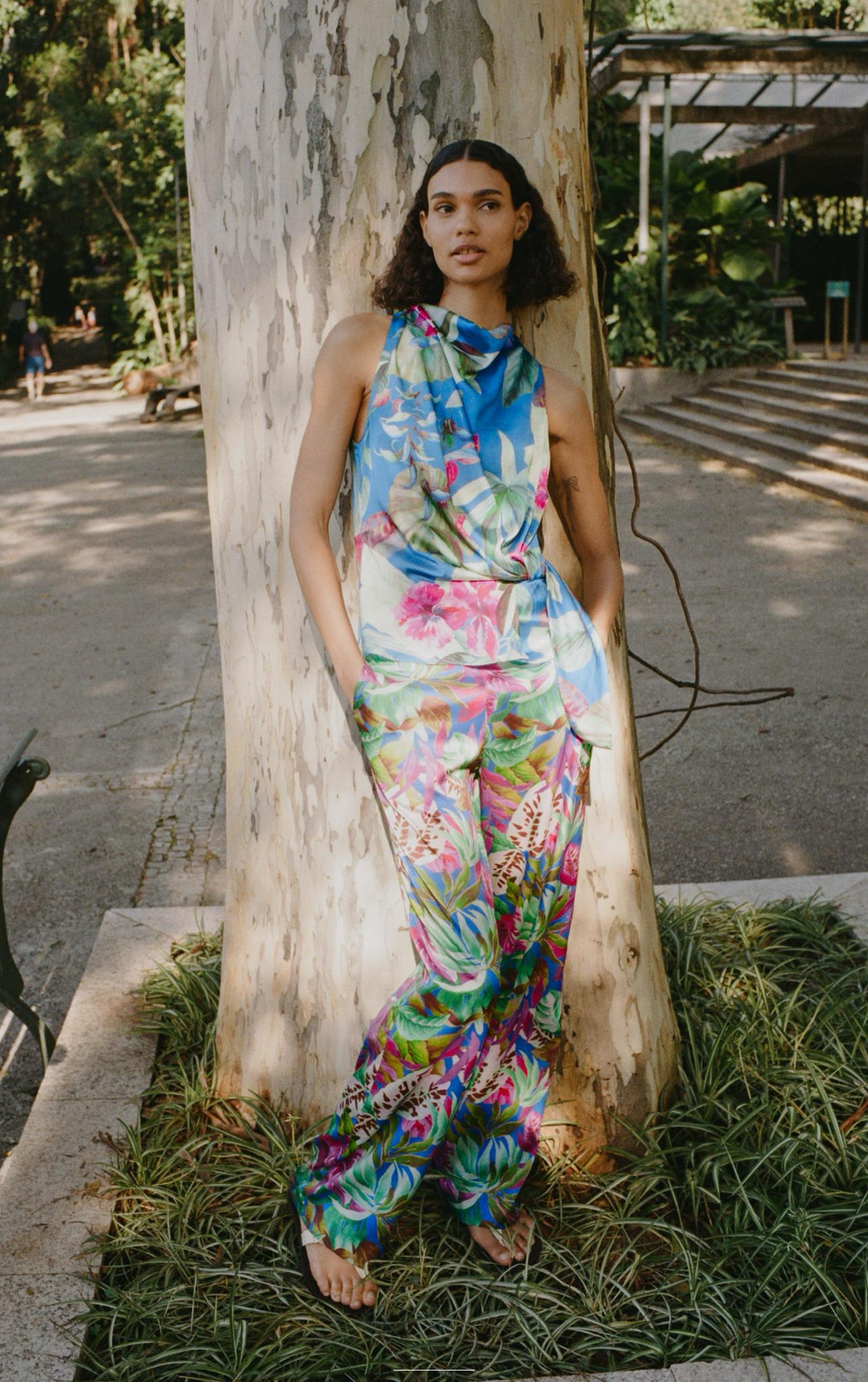 ZARA Satin Effect Tropical Print Pants