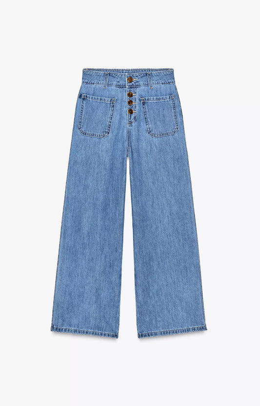 ZARA Z1975 High Rise Button Cropped Culotte Jeans