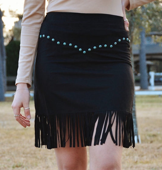 FASHION EXPRESS Faux Suede Studded
Fringe Skirt