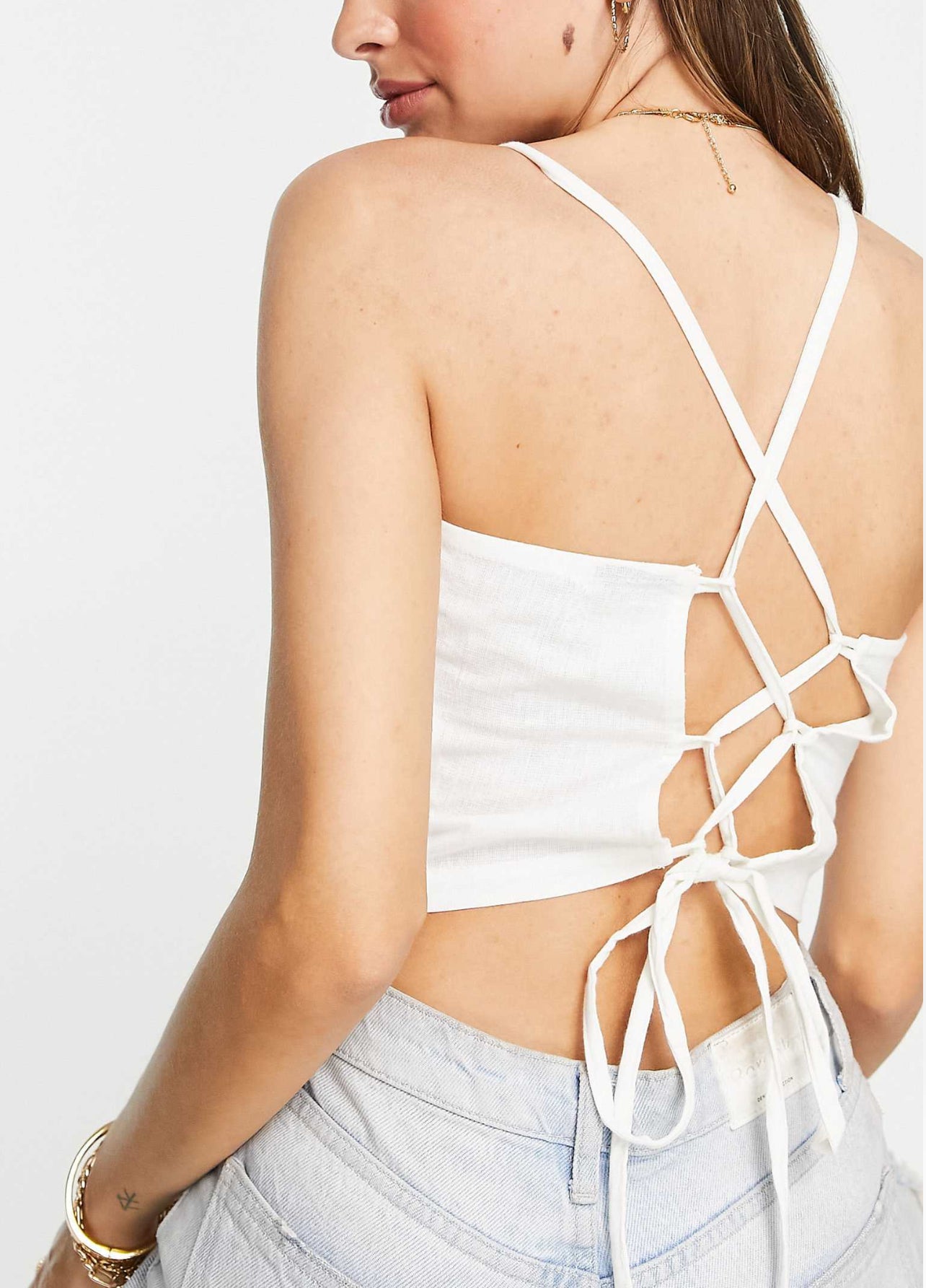 ASOS DESIGN Tall Linen Square Neck Sun Top With Lace Up Back