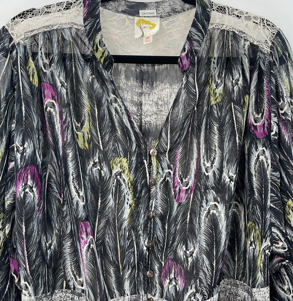 Fig & Flower Semi-Sheer Feather Print Blouse