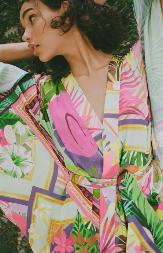 ZARA Satin Effect Tropical Print Kimono