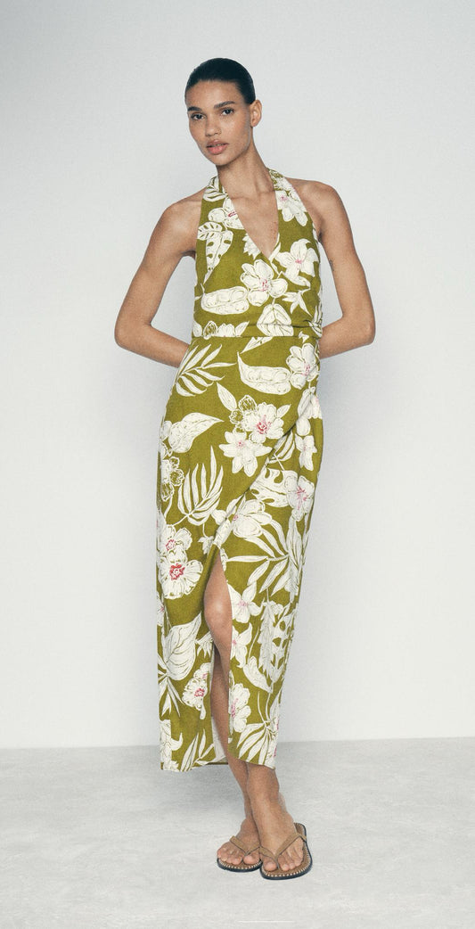 ZARA Linen Blend Floral Print Dress