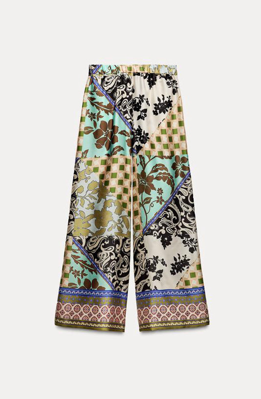 ZARA Patchwork Print Satin Trousers