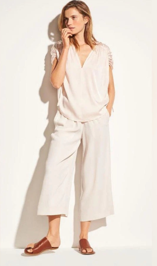 VINCE Ruched Stretch Silk V-Neck in Rosewater