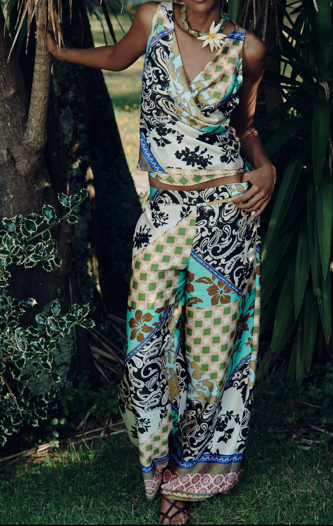 ZARA Patchwork Print Satin Trousers