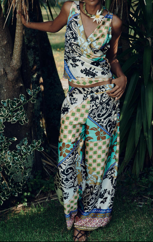 ZARA Patchwork Print Satin Trousers