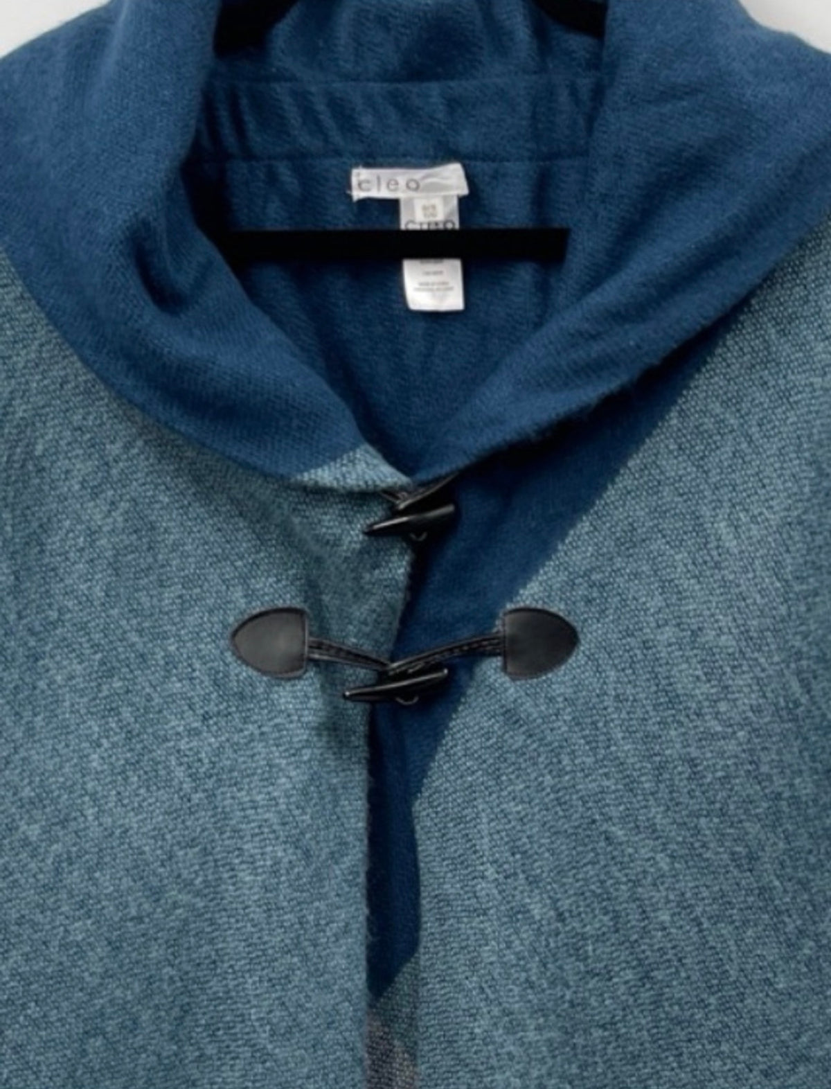 CLEO Hooded Blue/Teal Knit Poncho with Toggle Closure.