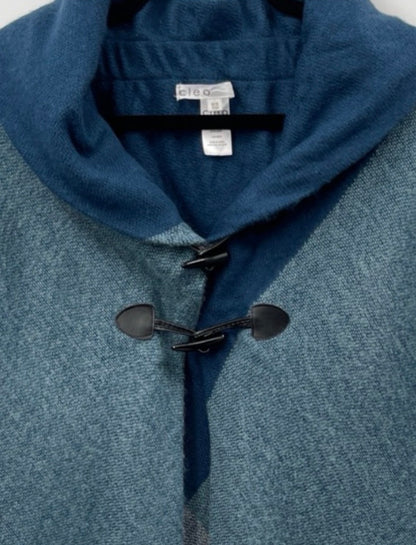 CLEO Hooded Blue/Teal Knit Poncho with Toggle Closure.