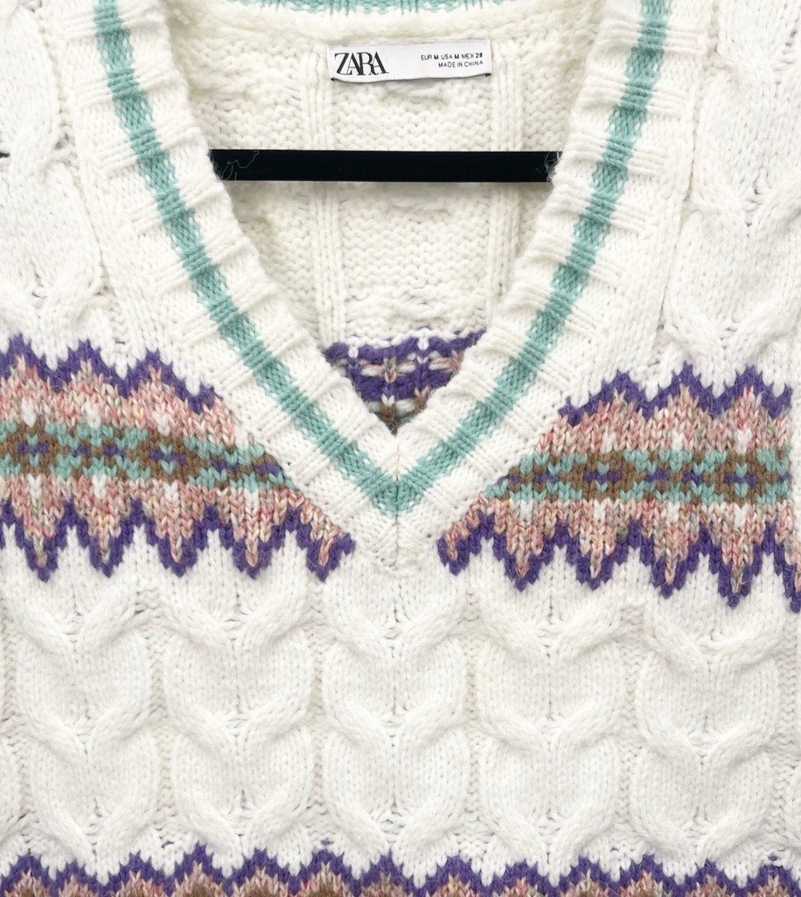 ZARA Oversized Cream Cable-Knit V-Neck Sweater Vest with Multicolor Fair Isle