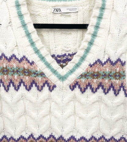 ZARA Oversized Cream Cable-Knit V-Neck Sweater Vest with Multicolor Fair Isle