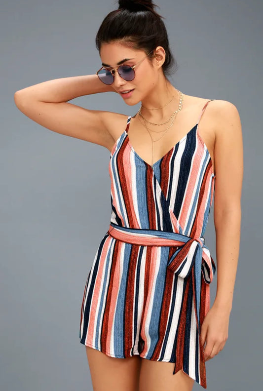 Lulu’s Angelene Blue and Orange Striped Sleeveless Romper