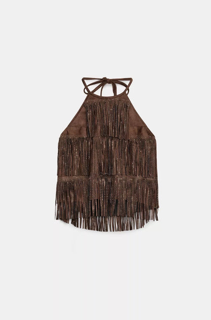 ZARA Shimmer Faux Suede Fringe Top