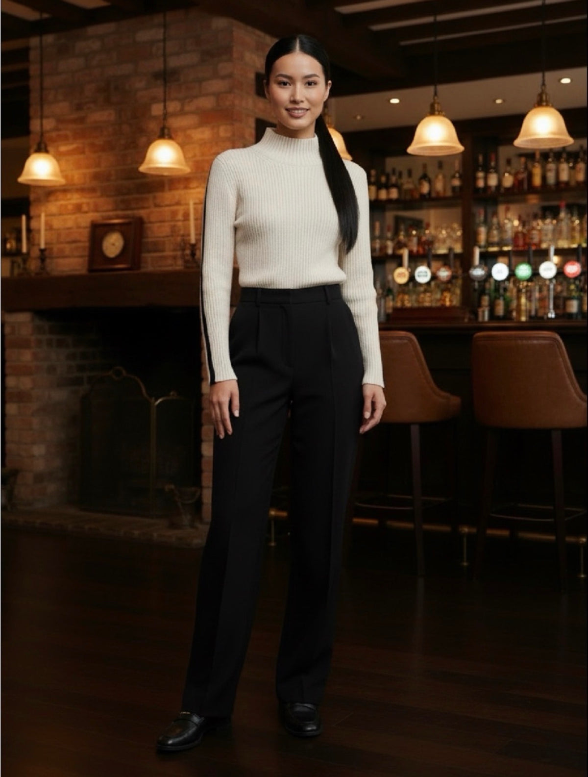 FRENCH CONNECTION Cream Ribbed Turtleneck Sweater with Contrast Stripe