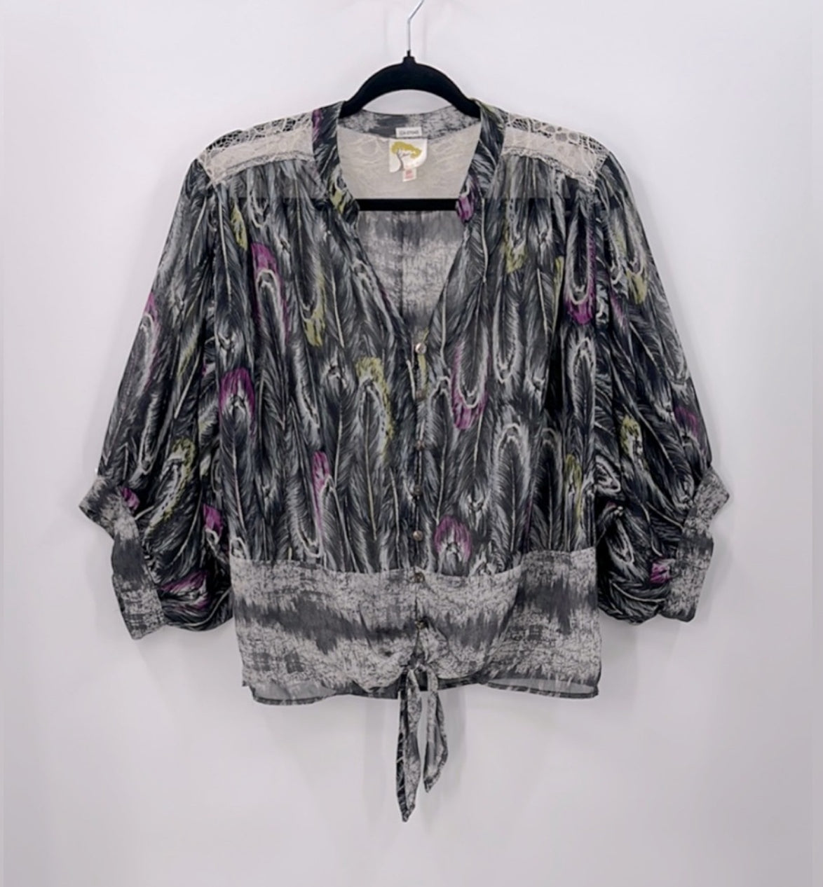 Fig & Flower Semi-Sheer Feather Print Blouse
