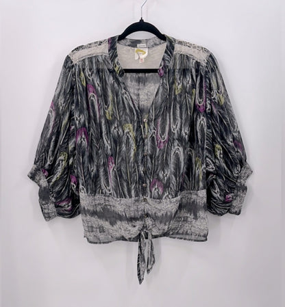 Fig & Flower Semi-Sheer Feather Print Blouse