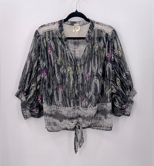 Fig & Flower Semi-Sheer Feather Print Blouse