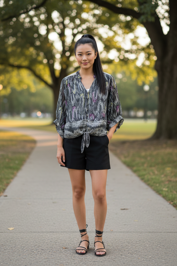 Fig & Flower Semi-Sheer Feather Print Blouse