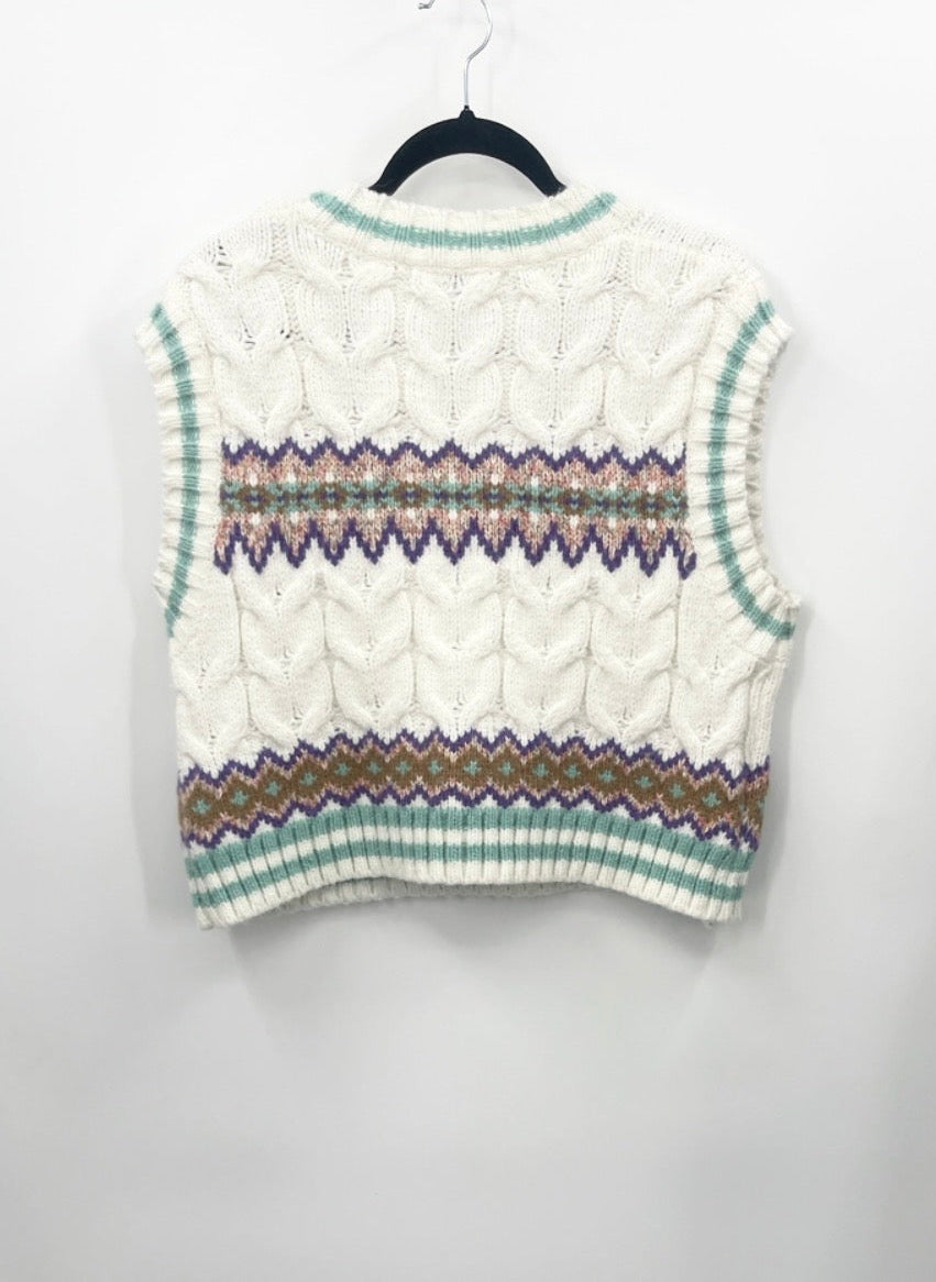 ZARA Oversized Cream Cable-Knit V-Neck Sweater Vest with Multicolor Fair Isle