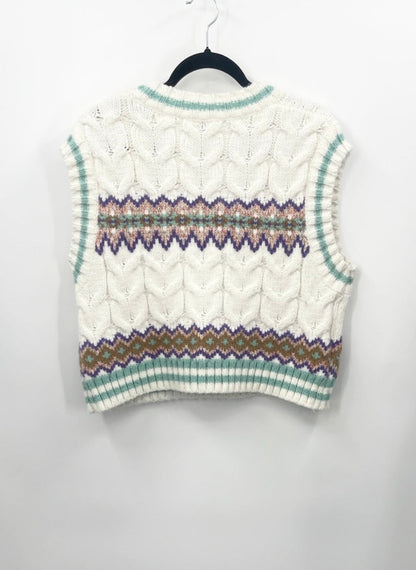 ZARA Oversized Cream Cable-Knit V-Neck Sweater Vest with Multicolor Fair Isle