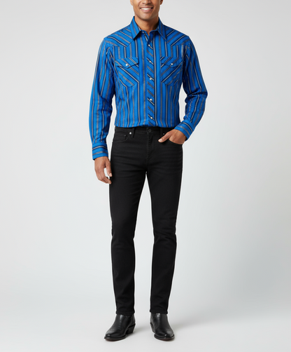 WRANGLER Pearl Snap Blue Metallic Silver
Rodeo Western Shirt