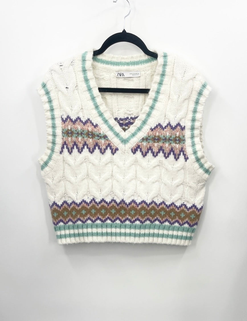 ZARA Oversized Cream Cable-Knit V-Neck Sweater Vest with Multicolor Fair Isle