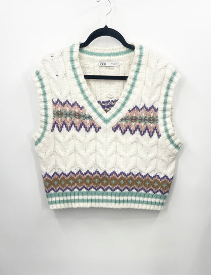 ZARA Oversized Cream Cable-Knit V-Neck Sweater Vest with Multicolor Fair Isle