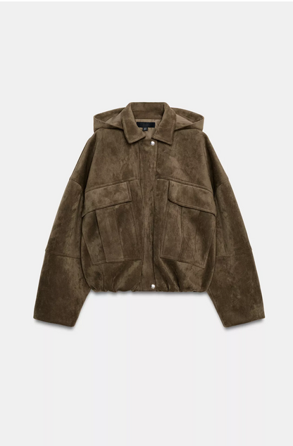 ZARA Oversized Faux Suede Hooded Bomber Jacket