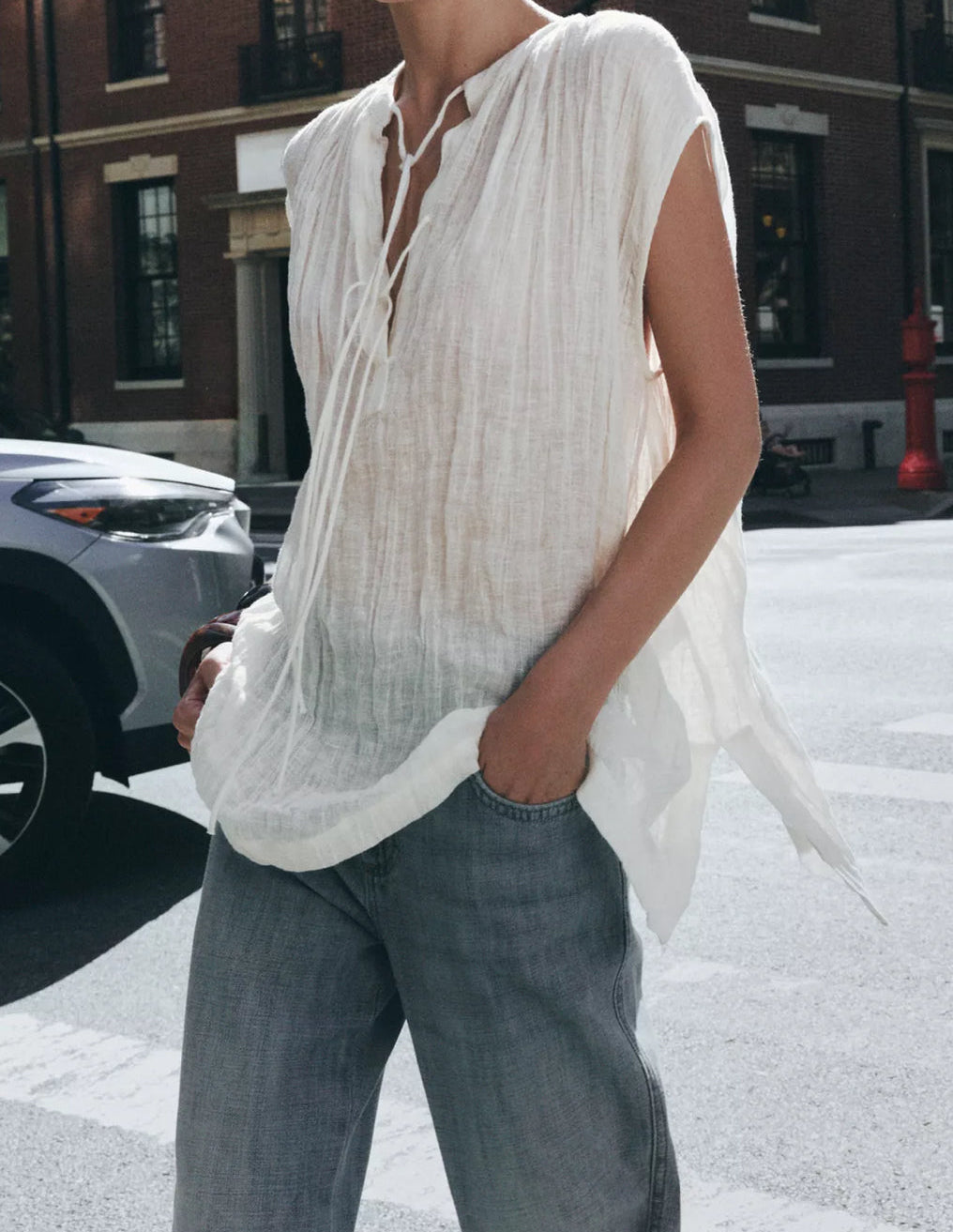 ZARA ZW Collection Linen Tie Blouse