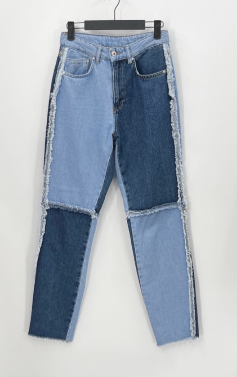THE RAGGED PRIEST Equilibrium High-Rise Patchwork Quarter Panel Jeans