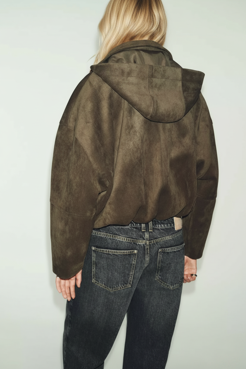 ZARA Oversized Faux Suede Hooded Bomber Jacket