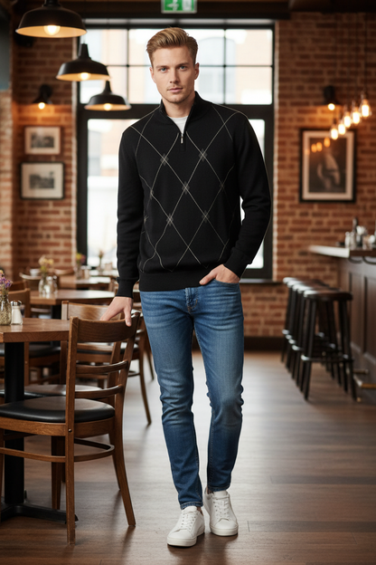 HARRY ROSEN Argyle 1/4 Zip Lightweight Merino Wool Sweater
