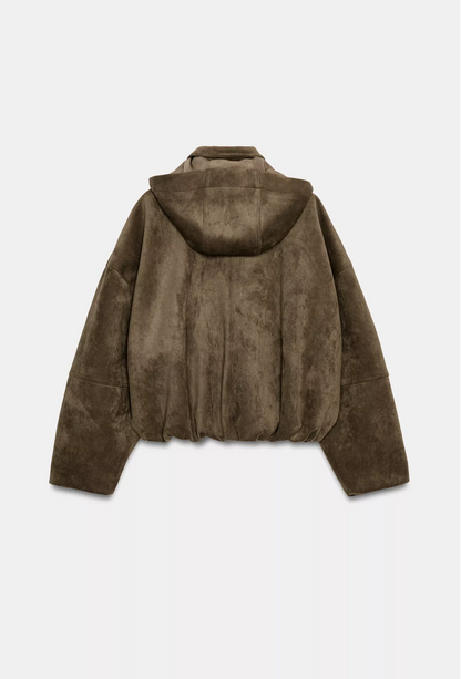 ZARA Oversized Faux Suede Hooded Bomber Jacket