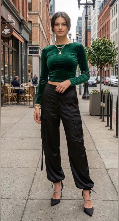 ZARA Black Satin Cargo Wide-Leg Pants