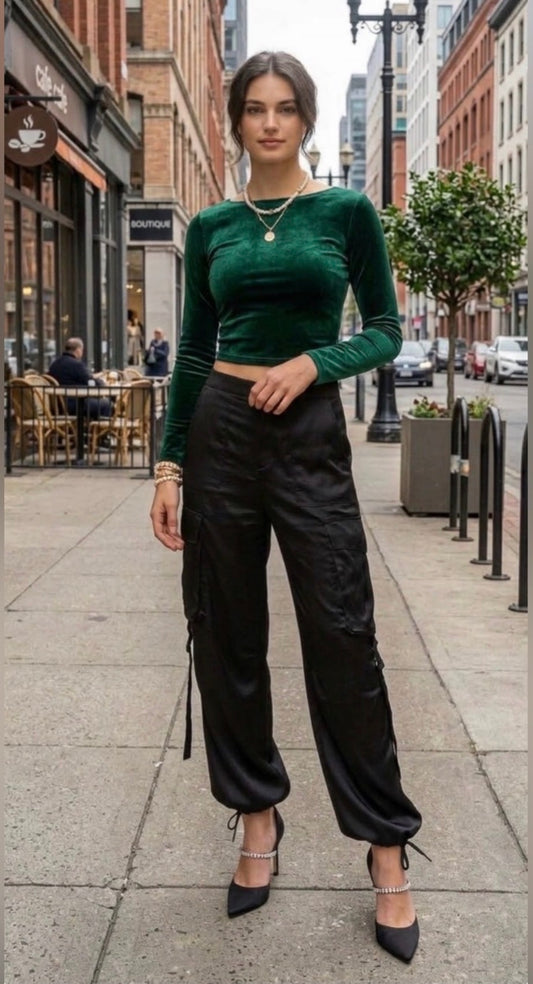 ZARA Black Satin Cargo Wide-Leg Pants