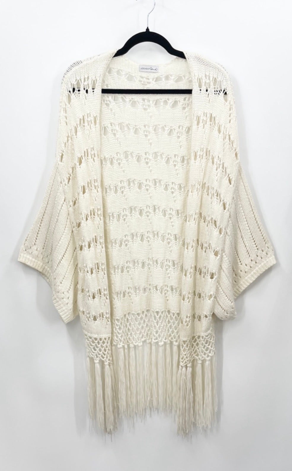 JACKSON ROWE Crochet Fringe Kimono Cardigan - Cream