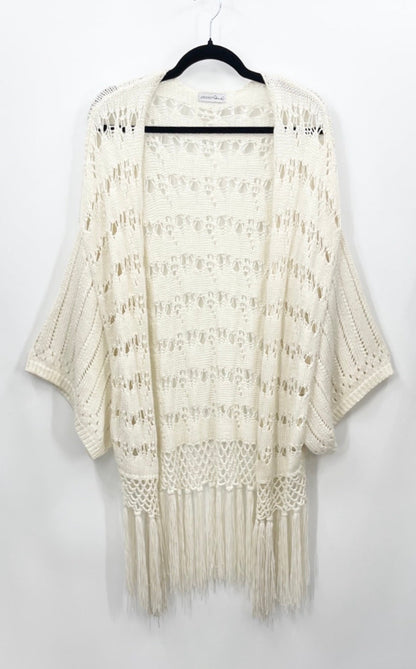 JACKSON ROWE Crochet Fringe Kimono Cardigan - Cream