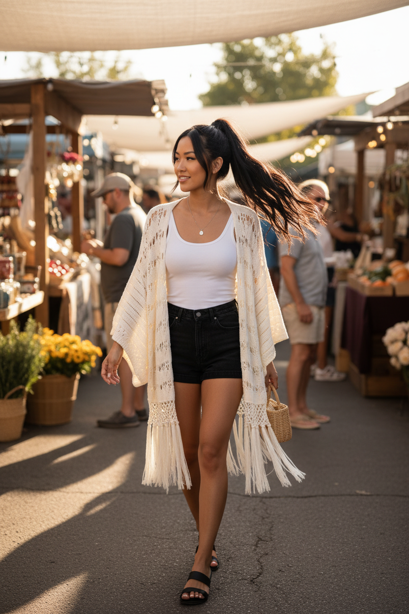 JACKSON ROWE Crochet Fringe Kimono Cardigan - Cream