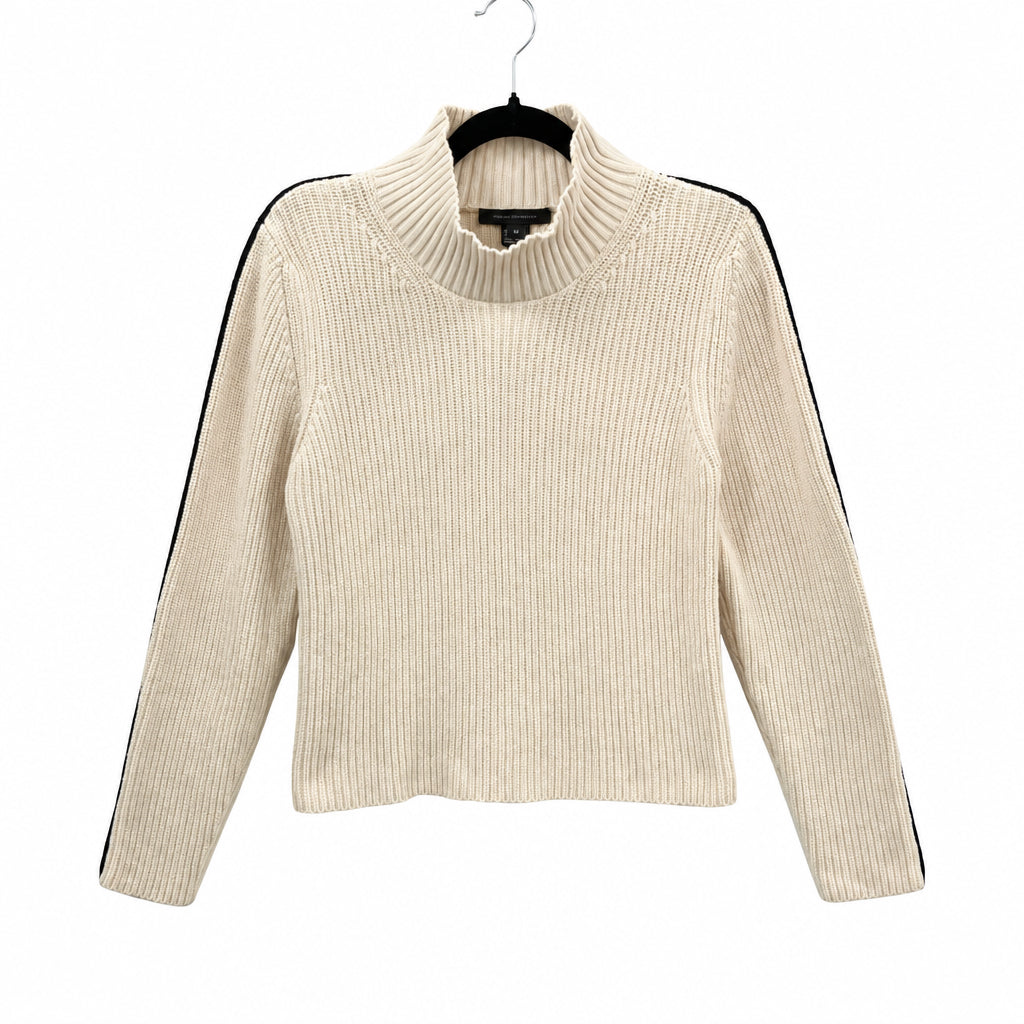 FRENCH CONNECTION Cream Ribbed Turtleneck Sweater with Contrast Stripe