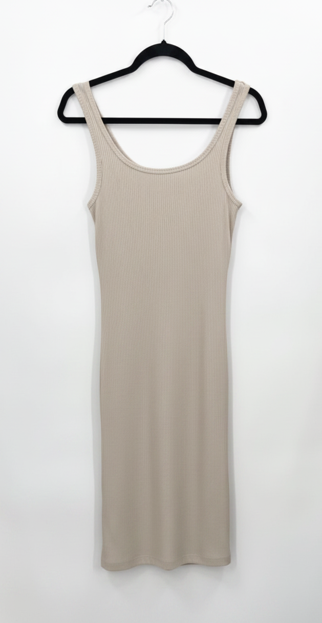 DYNAMITE Sleeveless Ribbed Tank Midi Dress in Taupe