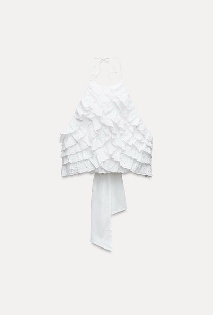 ZARA Ruffled Embroidered Halter Top