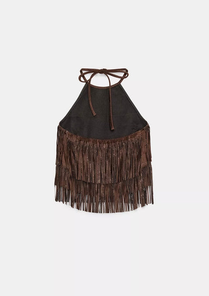 ZARA Shimmer Faux Suede Fringe Top