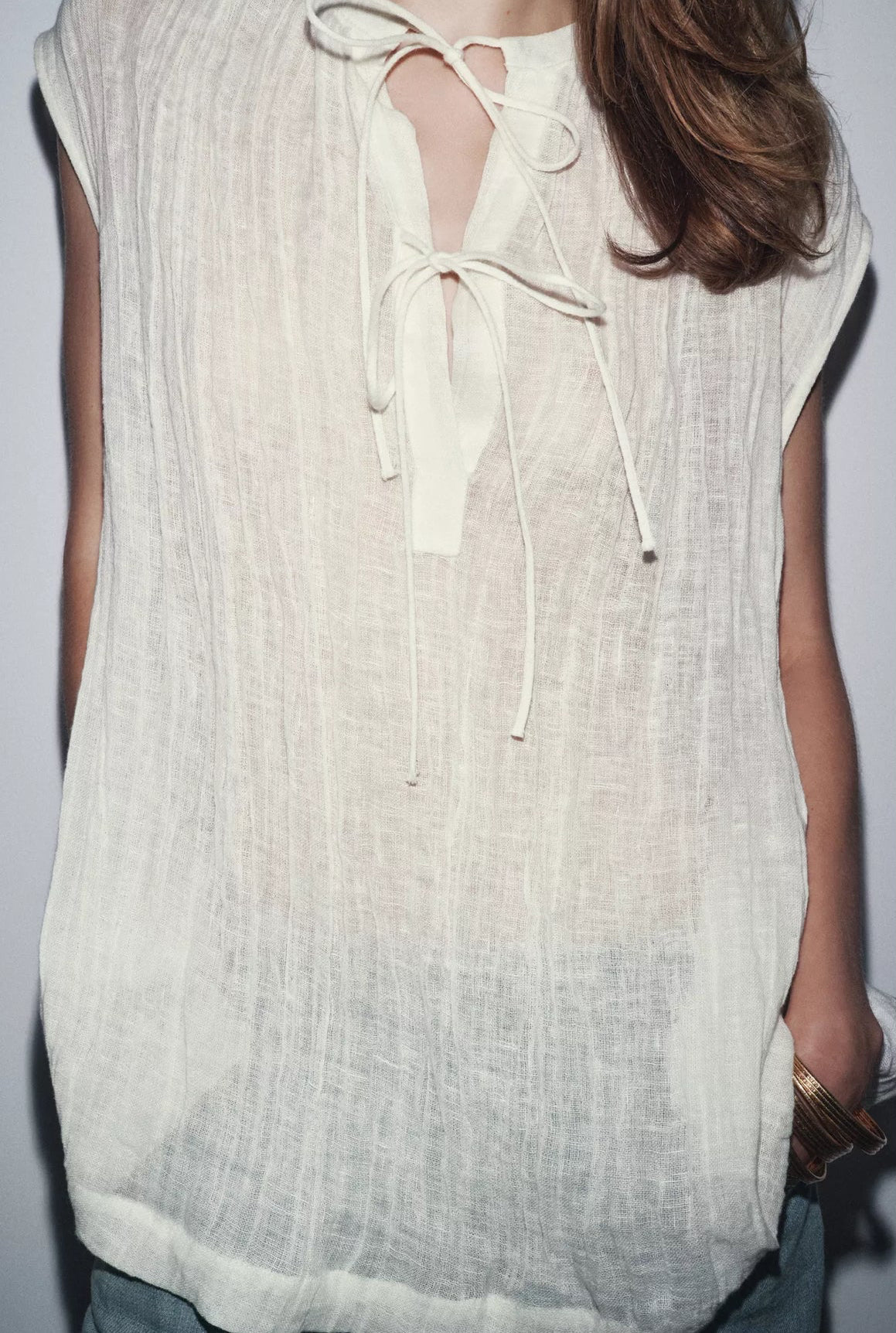 ZARA ZW Collection Linen Tie Blouse
