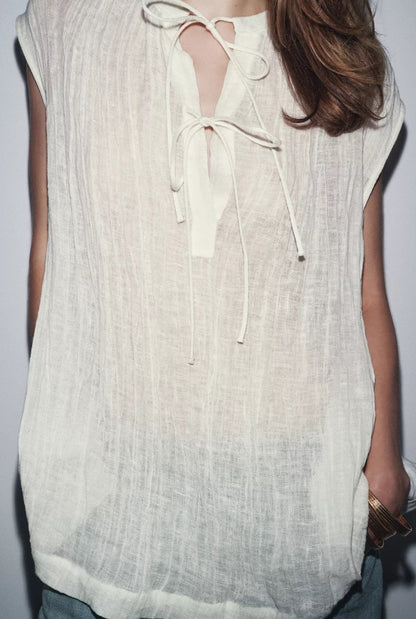 ZARA ZW Collection Linen Tie Blouse