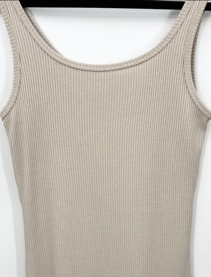 DYNAMITE Sleeveless Ribbed Tank Midi Dress in Taupe