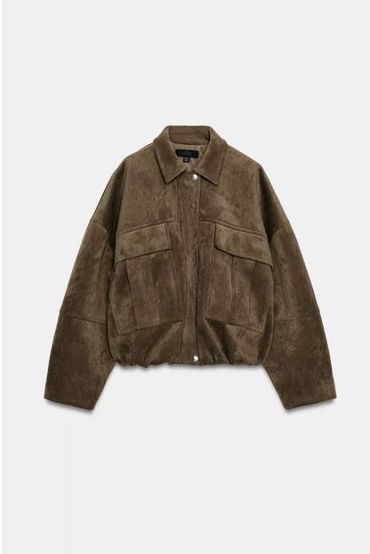 ZARA Oversized Faux Suede Hooded Bomber Jacket