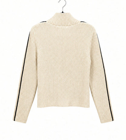 FRENCH CONNECTION Cream Ribbed Turtleneck Sweater with Contrast Stripe