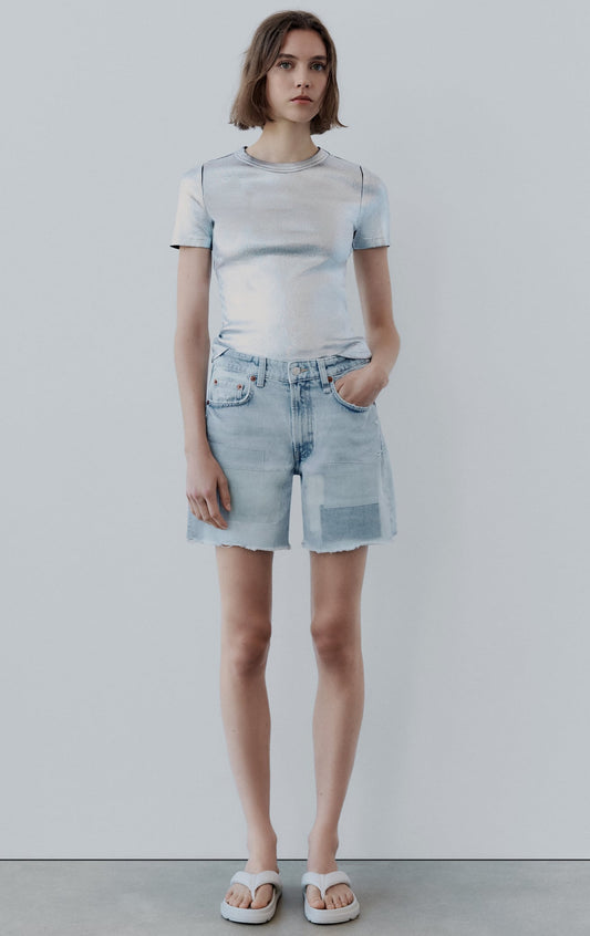 Zara TRF Mid-Rise Denim Patch Shorts